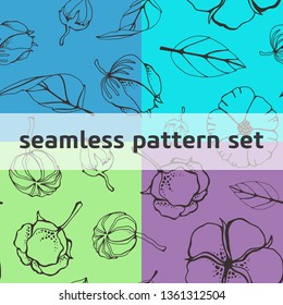 Cotton bud leaf flower vector hand drawn seamless pattern, packaging, label, identity, branding. Stylish seamless pattern texture design with cotton flowers.