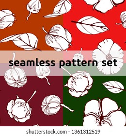 Cotton bud leaf flower vector hand drawn seamless pattern, packaging, label, identity, branding. Stylish seamless pattern texture design with cotton flowers.