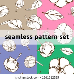 Cotton bud leaf flower vector hand drawn seamless pattern, packaging, label, identity, branding. Stylish seamless pattern texture design with cotton flowers.