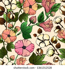 Cotton bud leaf flower vector hand drawn seamless pattern, packaging, label, identity, branding. Stylish seamless pattern texture design with cotton flowers.