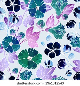 Cotton bud leaf flower vector hand drawn seamless pattern, packaging, label, identity, branding. Stylish seamless pattern texture design with cotton flowers.