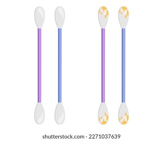 Cotton buds are clean and dirty. Hygiene and ear cleaning. Vector illustration.