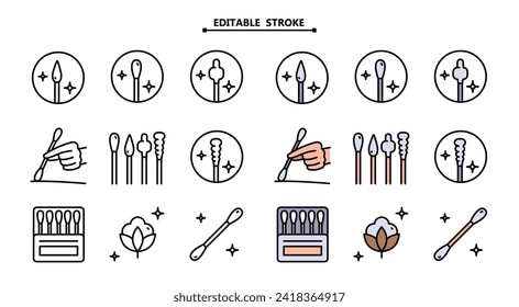 Cotton buds color icons set. Editable stroke. Vector illustration from make up collection. Cotton plastic stick icon. Simple symbol for use on web and mobile apps, logo, print media.