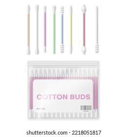 Cotton buds different shape with package set realistic vector illustration. Bathroom cosmetic hygiene cleaning tools soft wool cleanliness swab plastic sticks. Sanitary medical ear cleaner