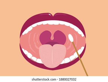 Cotton Buds inside an Opened Mouth concept. Editable Clip Art. 