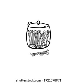 Cotton buds made from natural materials in a glass jar, glass. Eco friendly, recyclable, organic, vegetarian, vegan. Vector illustration in cartoon, doodle style. Monochrome image