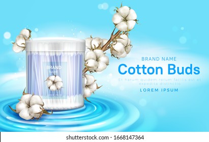 Cotton buds in plastic container and cotton flowers. Vector realistic brand poster with swab on stick for makeup and ear clean, cosmetic product. Promo banner, advertising background