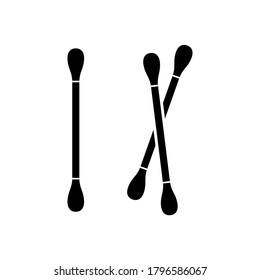 Cotton buds. Silhouette icons set. Personal hygiene product for cleaning adult ears. Black simple illustration of separate cotton swab, two crossed. Flat isolated vector pictogram, white background