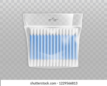 Cotton buds or swabs in blank plastic packet with hang hole realistic vector isolated on transparent background. Hygiene or cosmetology product mock-up. Accessory for applying makeup, ears cleaning