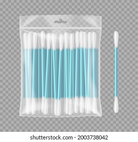 Cotton buds or swabs in blank plastic package realistic isolated on transparent background. Hygiene or cosmetology product mock-up. 3d vector illustration