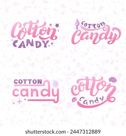 Algodón Candy 4 frases de letras de color sobre fondo texturizado. Ilustración vectorial dibujada a mano con la decoración del texto para la cartelera y el cartel. Citas lindas positivas para dulces dulces Anuncio o Plantilla