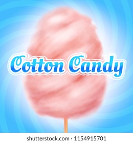 Cotton candy background. Candyfloss, kids sugar sweet dessert. Summer holiday vector poster. Illustration of candy cotton sweet, fluffy sugar snack