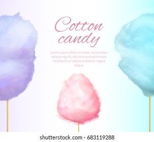 Cotton candy banner with sweet floss form of spun sugar vector colorful illustration isolated on white with place for text