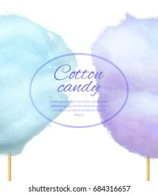 Cotton candy banner with sweet floss form of spun sugar vector colorful illustration isolated on white with place for text. Blue and purple candies