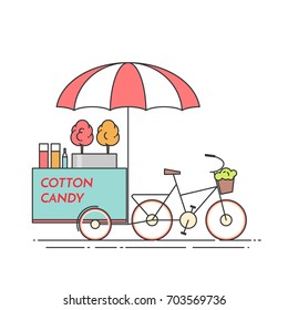 Cotton candy bicycle - cart on wheels with sweet sugar dessert isolated on white background. Flat line vector illustration of food and drink kiosk.