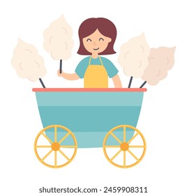 Cotton candy booth with seller in flat design. Street food cart at park. Vector illustration isolated.