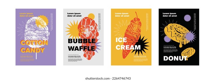 Cotton candy, bubble waffle, ice cream, donut. Price tag or poster design. Set of vector illustrations. Typography. Vintage pencil sketch. Engraving style. Labels, cover, t-shirt print, painting.