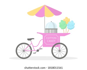 Cotton candy cart bicycle, street food. Vector illustration.