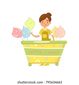 Cotton candy cart with female seller, food kiosk on wheels cartoon vector Illustration