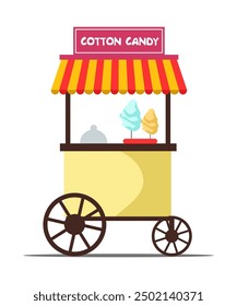 Carrito de algodón de azúcar. Contador de puesto de hilo de caramelo. Mercado de feria al aire libre con comida callejera dulce. Ilustración vectorial en diseño plano de dibujos animados.