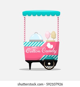 Cotton candy cart, kiosk on wheels, retail, sweets and confectionery, isolated and fle style Vector Illustration. Sugar cloud dessert Illustration for your projects.