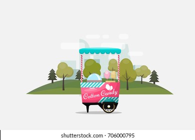 Cotton candy cart, kiosk on wheels, retail, sweets and confectionery, isolated and fle style Vector Illustration.