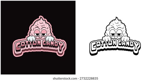 Logotipo de dibujos animados de algodón de caramelo con texto y una alta expresión. Diseño a todo color y en blanco y negro. Diseño para pegatina, etiqueta, cubierta, embalaje, camiseta, negocio y Producto. Vectores y Ilustraciones.