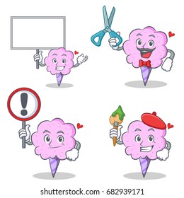 Cotton candy character set with board sign barber artist