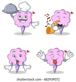 Cotton candy character set with chef trumpet surprised tongue out