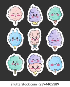 Cotton candy characters. Sticker Bookmark. Sweet sugar dessert food for kids. Cute kawaii food with cartoon faces. Hand drawn style. Vector drawing. Collection of design elements.