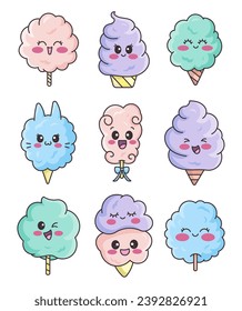 Cotton candy characters. Sweet sugar dessert food for kids. Cute kawaii food with cartoon faces. Hand drawn style. Vector drawing. Collection of design elements.