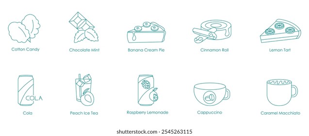 Cotton Candy, Chocolate Mink, Chocolate Mint, Banana Cream Pie, Cinnamon Roll, Lemon Tart, Cola, Peach Ice Tea, Raspberry Lemonade, Cappuccino, Caramel Macchiato Vape Icon Set Design 