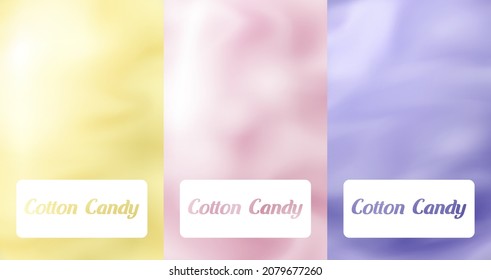Colección de afiches multicolor de nubes de caramelo de algodón para ilustraciones vectoriales realistas de texto. Ponga la plantilla vertical de fondo esponjoso dulce deliciosa comida infantil festiva. Fondo de degradado desenfocado