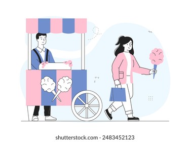 Cotton candy concept. Woman on street buying dessert and delicacy. Young girl with candy in amusement park. Street food vendor. Linear vector illustration isolated on white background