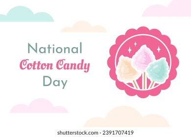 Cotton candy day.  Festive banner. Retro cartoon pink booth with vintage frame, color puffy sweet dessert. Cotton candy machine with delicious yummy food for children. Vector illustration