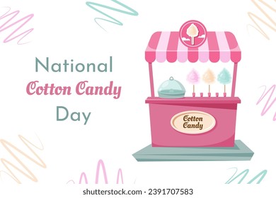 Cotton candy day.  Festive banner. Retro cartoon pink booth with vintage frame, color puffy sweet dessert. Cotton candy machine with delicious yummy food for children. Vector illustration