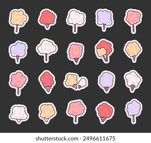 Cotton candy is a delicacy at carnivals and fairs. Sticker Bookmark. Delicate and sweet dessert. Hand style. Vector drawing. Collection of design elements.