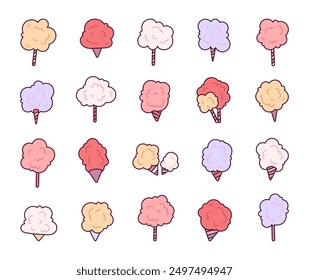 Cotton candy is a delicacy at carnivals and fairs. Delicate and sweet dessert. Hand style. Vector drawing. Collection of design elements.