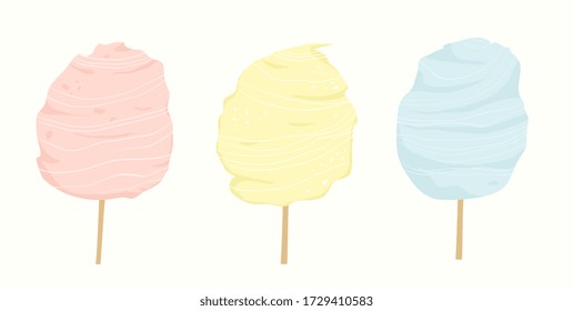 Cotton candy in different colors: pink, blue and yellow. Fair sweet street food for kids made with sugar. Flat style hand drawn vector design.