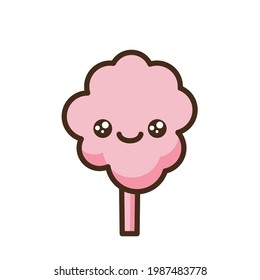 Cotton candy emoji vector character. Anime style cartoon sweet food. Funny kawaii face isolated clipart drawing. Carnival party cloud snack. Cute illustration.