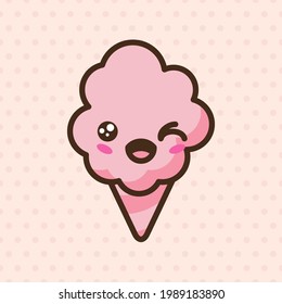 Carácter vector emociji de caramelo de algodón. Caricatura de comida dulce estilo anime. Funny kawaii se enfrenta a un aislado dibujo de clipart. Bocadillo en la nube de la fiesta de carnaval. Cuta ilustración.