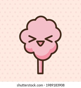 Cotton candy emoji vector character. Anime style cartoon sweet food. Funny kawaii face isolated clipart drawing. Carnival party cloud snack. Cute illustration.