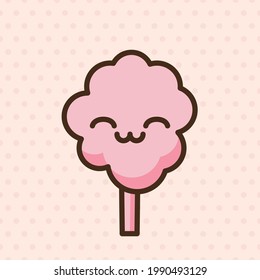 Cotton candy emoji vector character. Anime style cartoon sweet food. Funny kawaii face isolated clipart drawing. Carnival party cloud snack. Cute illustration.