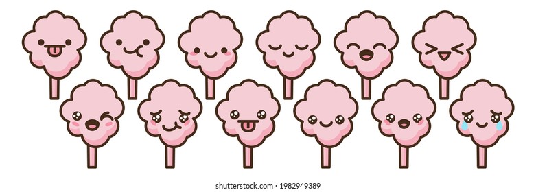 Cotton candy emoji vector characters set. Anime style cartoon sweet food. Funny kawaii face isolated clipart drawing. Carnival party cloud snack. Cute illustration.