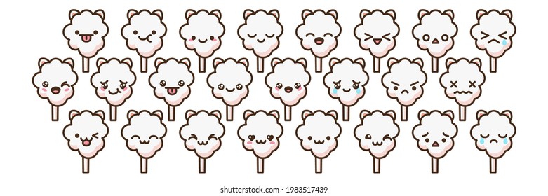 Cotton candy emoji vector characters set. Anime style cartoon sweet food. Funny kawaii face isolated clipart drawing. Carnival party cloud snack. Cute illustration.