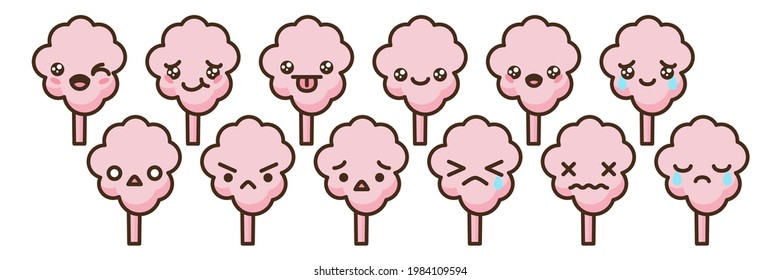 Cotton candy emoji vector characters set. Anime style cartoon sweet food. Funny kawaii face isolated clipart drawing. Carnival party cloud snack. Cute illustration.