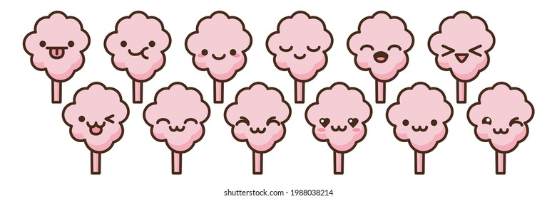 Cotton candy emoji vector characters set. Anime style cartoon sweet food. Funny kawaii face isolated clipart drawing. Carnival party cloud snack. Cute illustration.