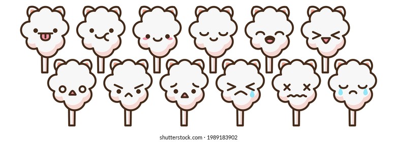 Juego de caracteres vectores de emoticonos de caramelo de algodón. Caricatura de comida dulce estilo anime. Funny kawaii se enfrenta a un aislado dibujo de clipart. Bocadillo en la nube de la fiesta de carnaval. Cuta ilustración.