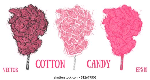 Cotton candy (Fairy floss) on stick. Cartoon vector icon isolated on white background.