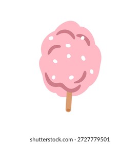 Cotton candy, floss. Sweet sugar food, kids festival dessert. Fluffy soft sugary snack, confectionery. Park treat decorated with sprinkles. Flat vector illustration isolated on white background